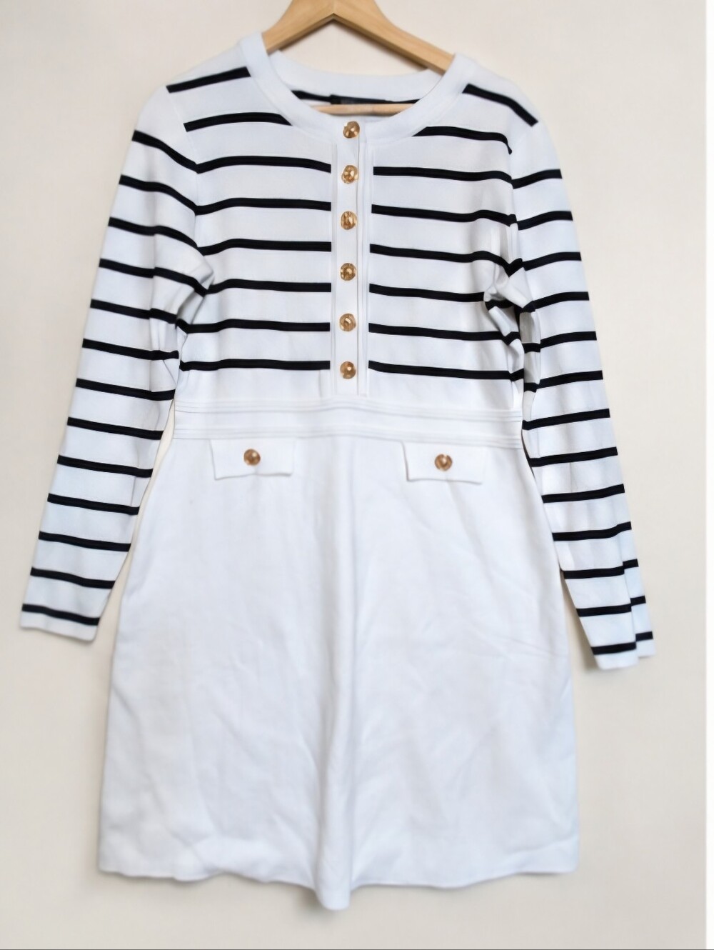 MEROKEETY Striped Knit Sweater Dress Button Front Pockets Long Sleeve L